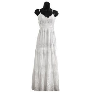 Jessica Simpson White Crochet Ruffle Tier Eyelet Spaghetti Strap Maxi Dress